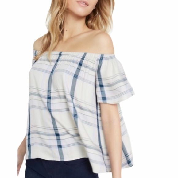 EXPRESS Off-The Shoulder Plaid Flutter Sleeve Top - Picture 1 of 7